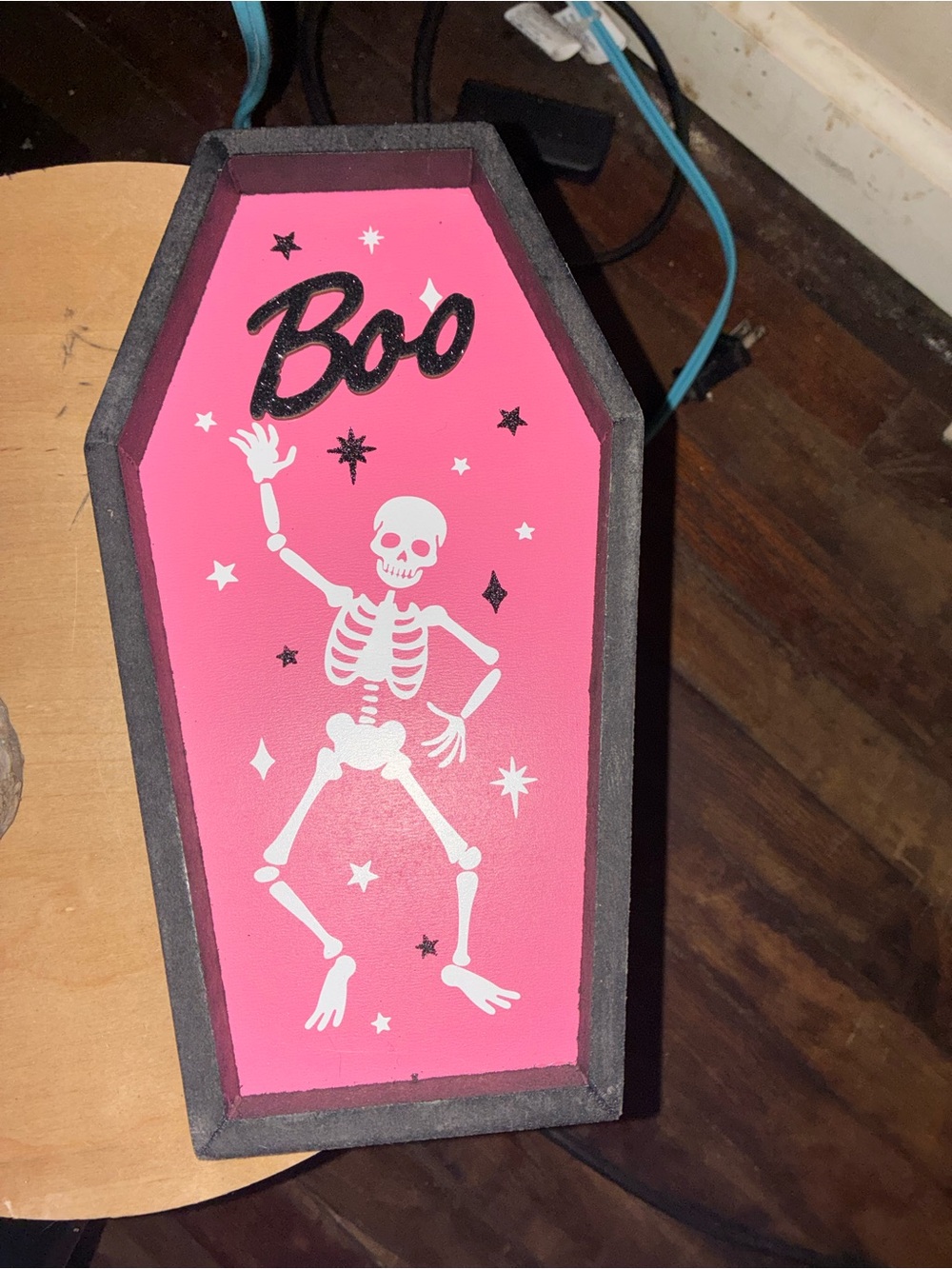 Pink Halloween Coffin Wall Decor with Dancing Skeleton - Boo